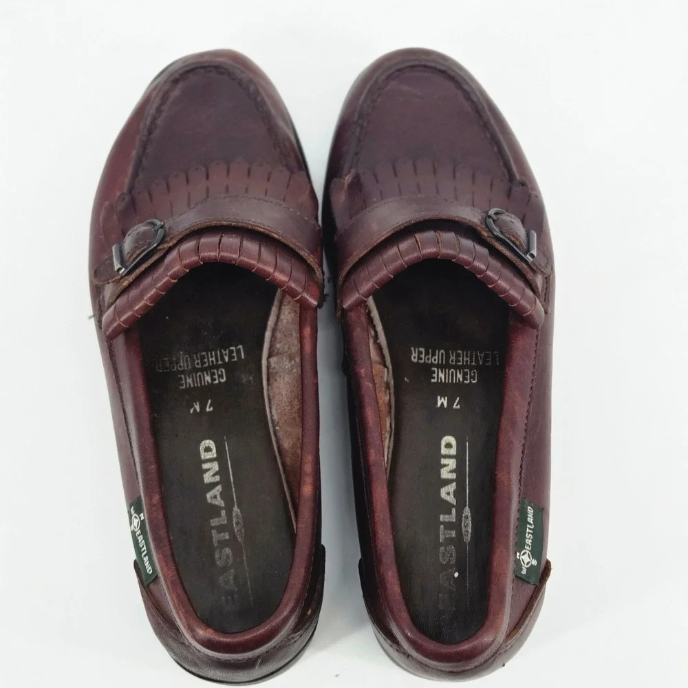 Eastland Vintage 90s Brown Leather Kiltie Fringe Buckle Penny Loafers Shoes 7M